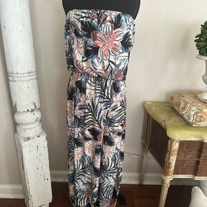 Blue and Pink Tropical Floral Jumpsuit with Wide-Leg Design